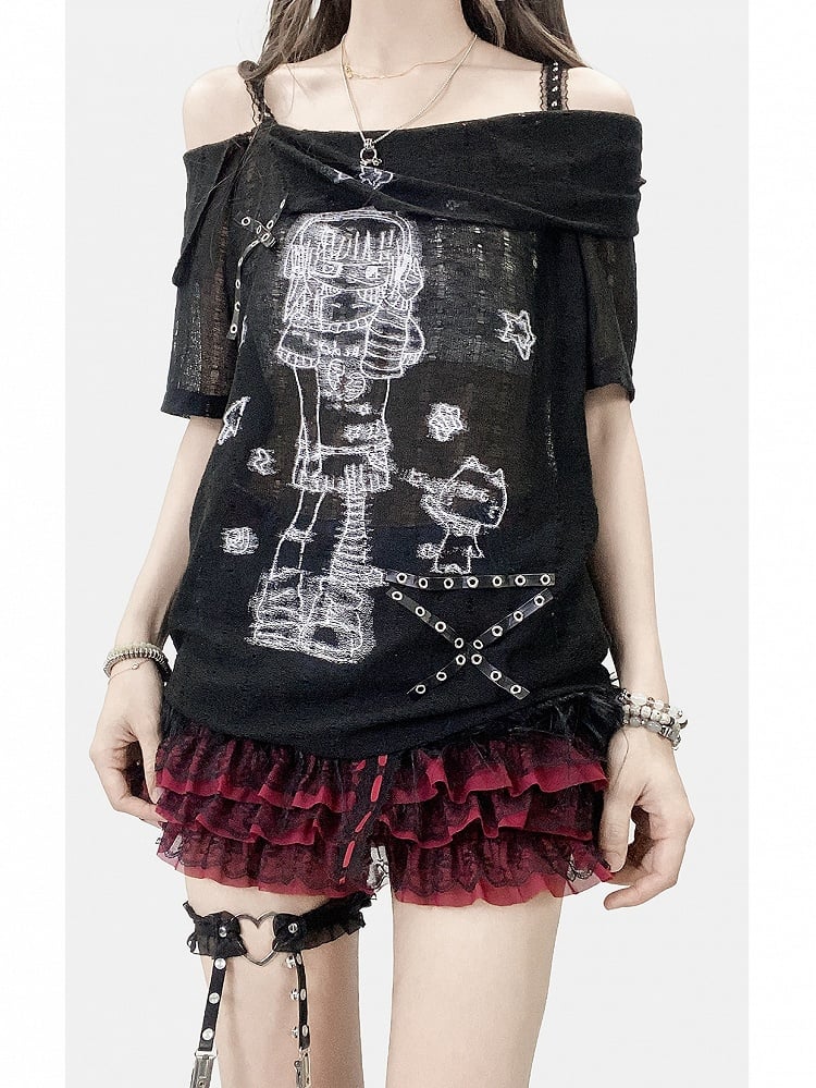 Mädchen Nieten T-Shirt Off-the-Shoulder Schwarz Details Print Cartoon Ausschnitt