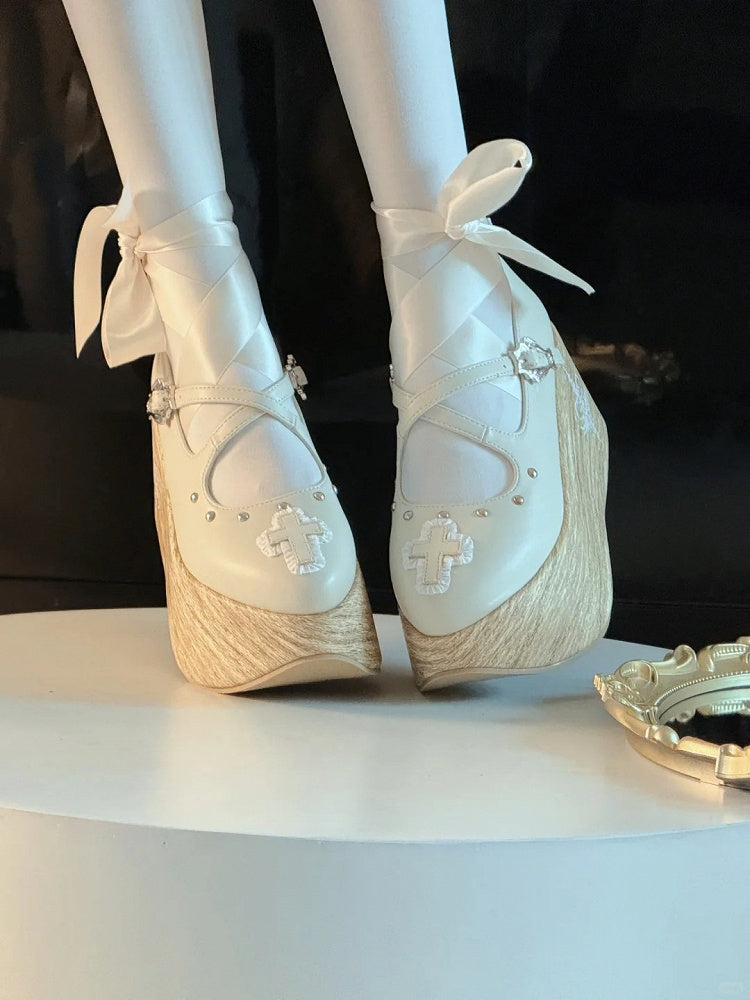 and Cross Gothic Lace-up Platform Shoes with Criss-cross Buckle Strap White Applique