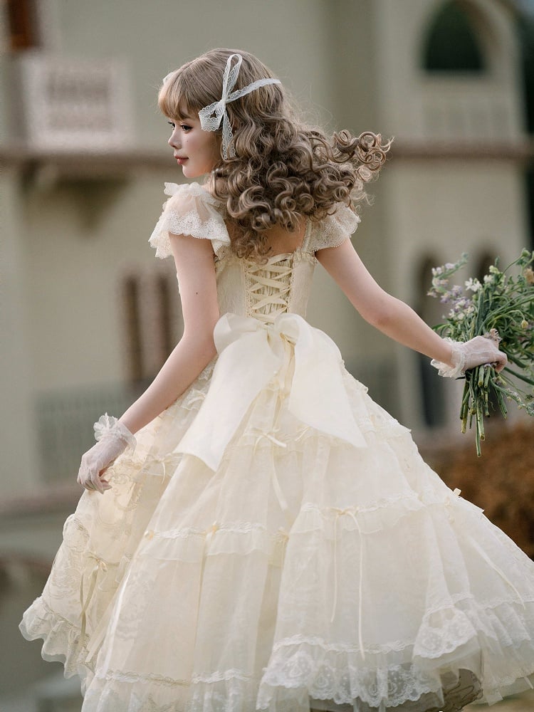 Beads Bow Creamy Princess Accents White Neckline Ribbon Dress Lolita