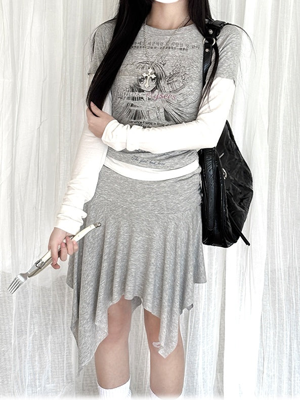Grey Cartoon Top/Asymmetrical Two-pieces Hooded Hem Skirt Girl Print Faux