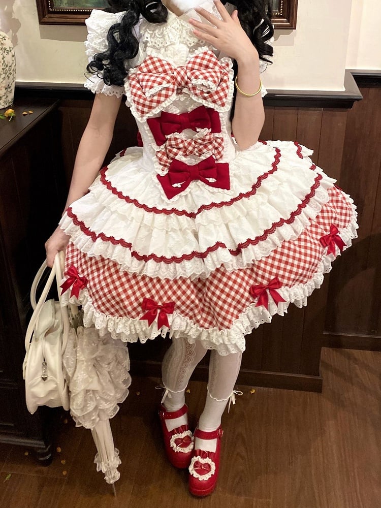and Hem Scalloped Dress Edge with Sweet Skirt Pattern Lolita Gingham Tiered White Trim Red