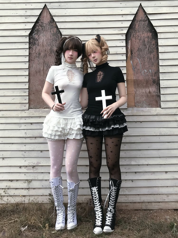 Gestufter Cross Skort Gothic Schwarz/Weiß Elastische Taille Spitzenbesatz Pumphose