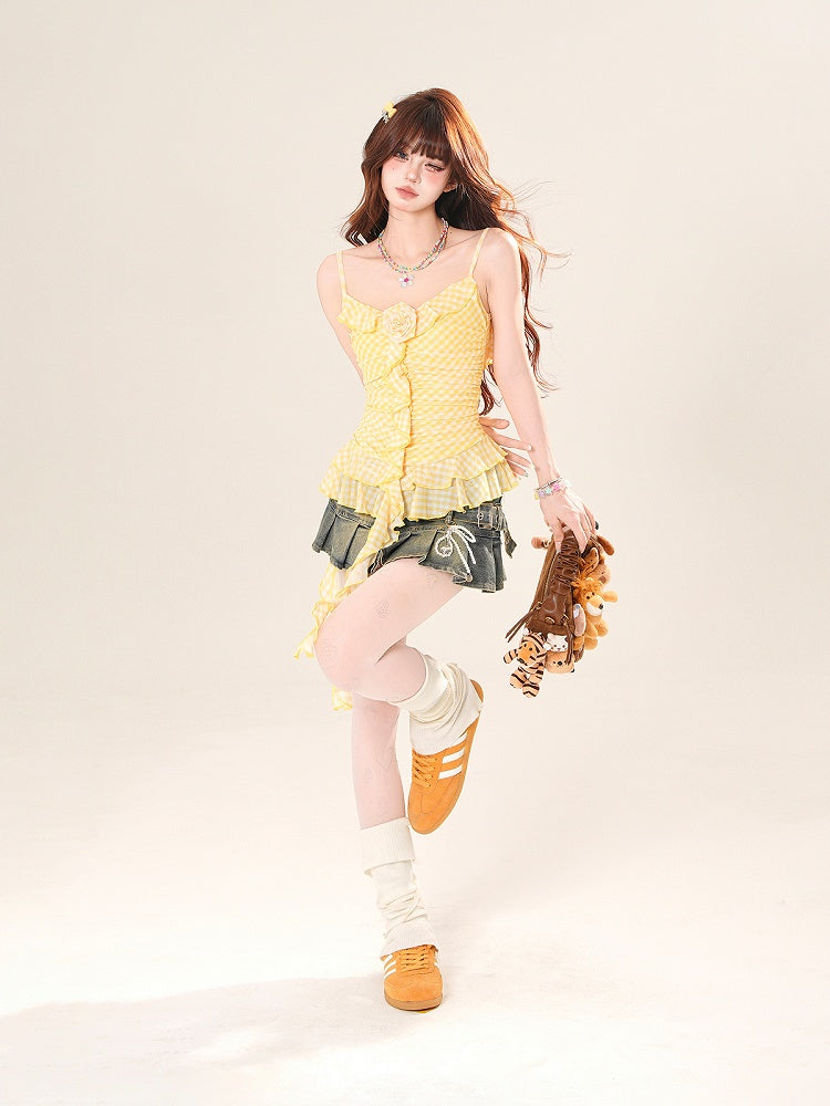 Cascading Ruffle Accents Tiered Hem Chiffon Cami Top Yellow V-neck