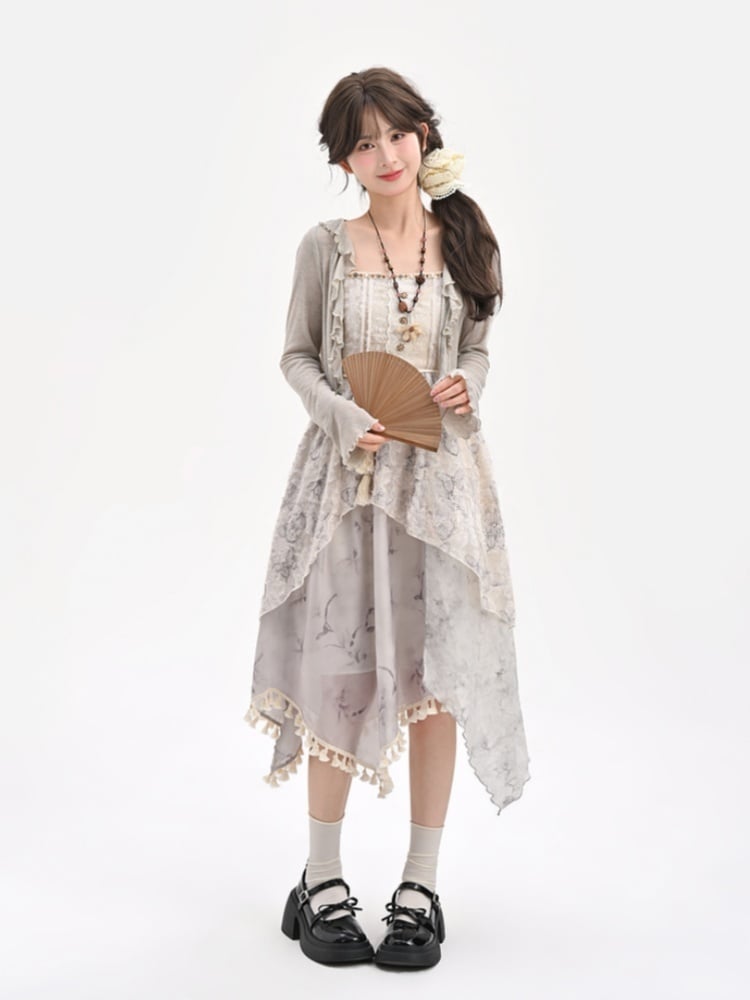 Ruffle Trim Open Placket Cardigan Grey
