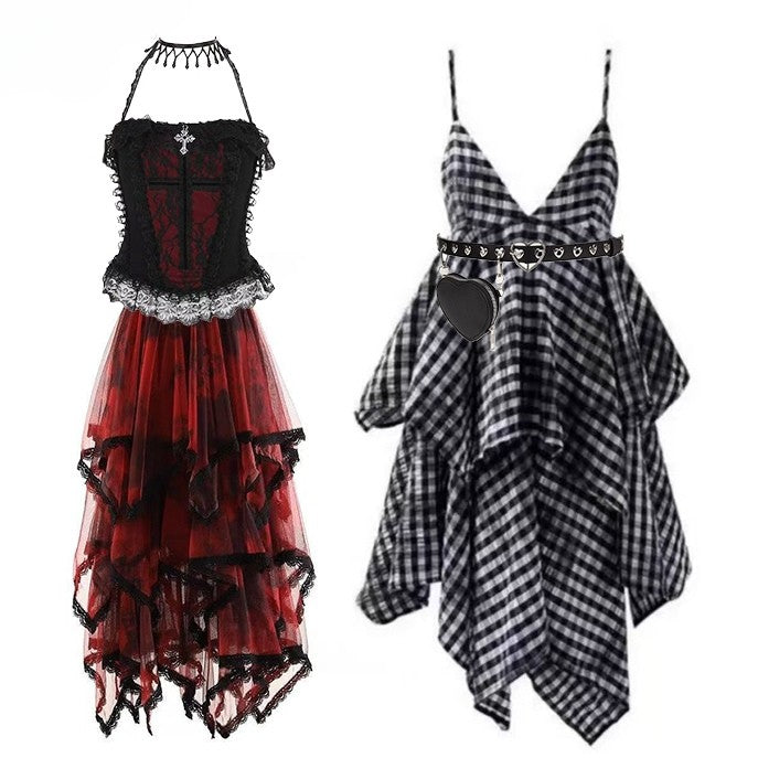 Glamorous Tiered Cross Top Plaid Details Bittersweet + Red Skirt Dye Black Tie Set- Dress Cami