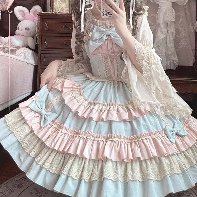 and Candy JSK Lace-up Front Scalloped Edge Sweet Lolita Dress Blue Color Pink