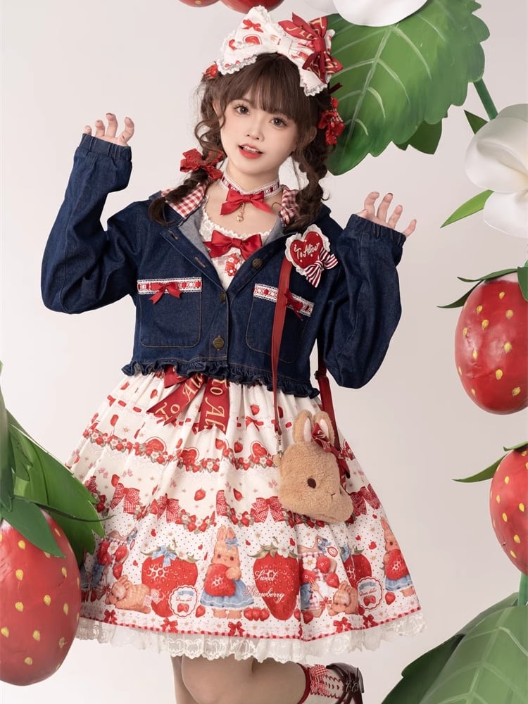 春のイチゴとウサギのプリントレーストリムリボンアクセントベージュスイートドレスロリータワンピース