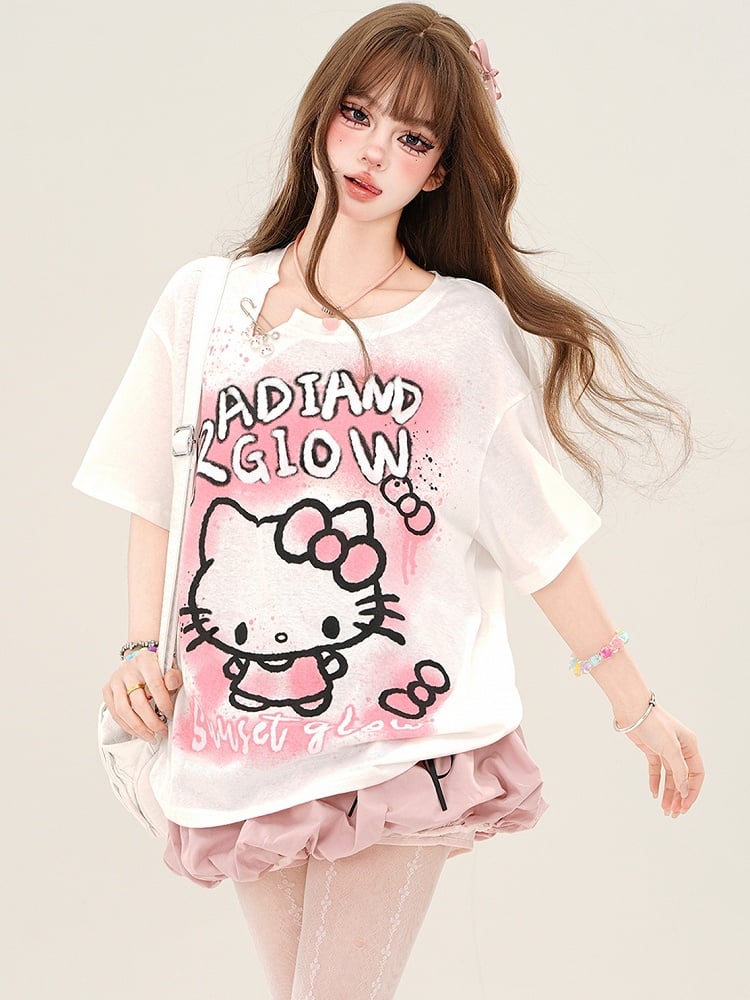 Lockeres T-Shirt mit Kätzchen-Print in Rosa/Weiß