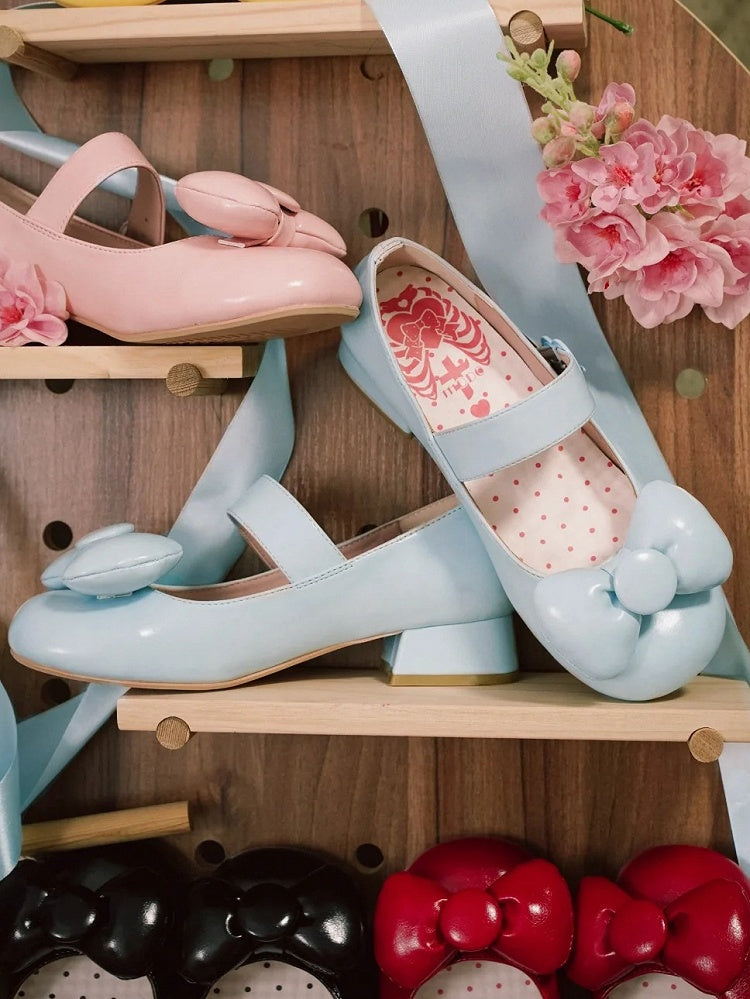 Toe Baby Heels Heart Round Shoes Bow - Lolita Buckle Low at Sweet Blue Top