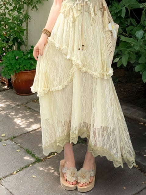 Apricot Elastic Waist Asymmetrical Lace Skirt