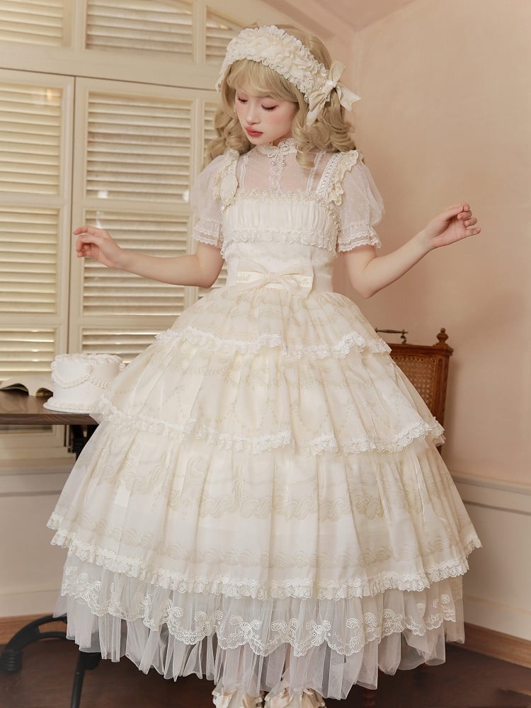 Cream Tiered Print Skirt Jumper Beads Lolita Neckline