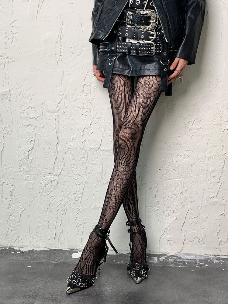 Dunkelgotische schwarze Y2K-Strumpfhose mit unregelmäßigem Design und Hohlsaum