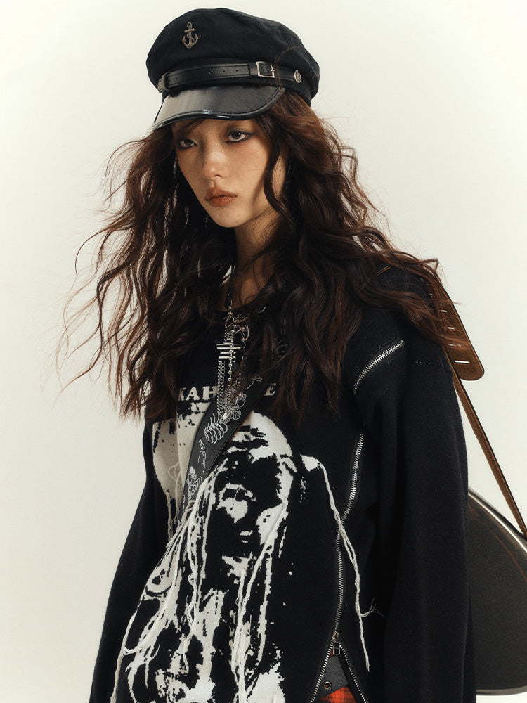 Zips Black Loose Rock Neck Design Punk Round Sweater