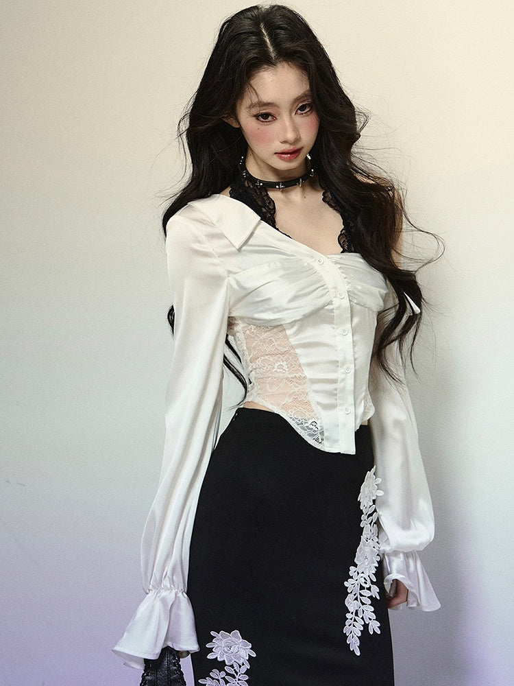Weiße Bluse mit Spitzenpatch an der Taille und langen Ärmeln mit Neckholder-Design aus schwarzer Spitze