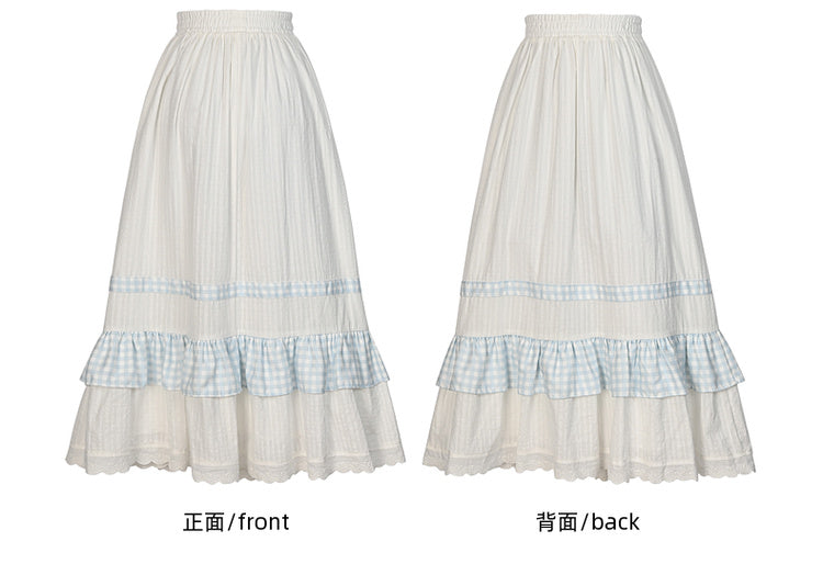 White High Waist Lace Trim Sweet Skirt Plaid Patchwork