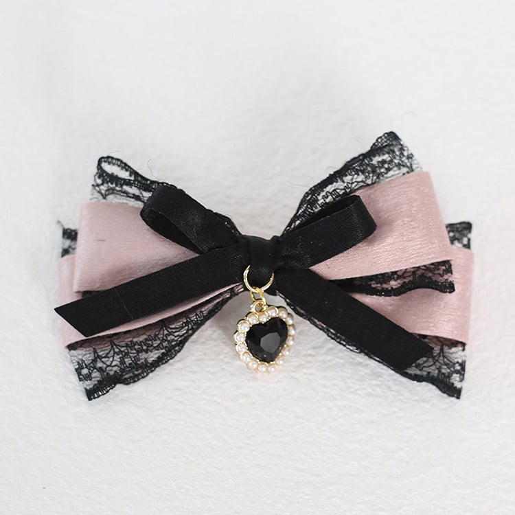 Schwarze Haarspangen Spitze Jirai Bowknot mit Kei Herz rosa Charme