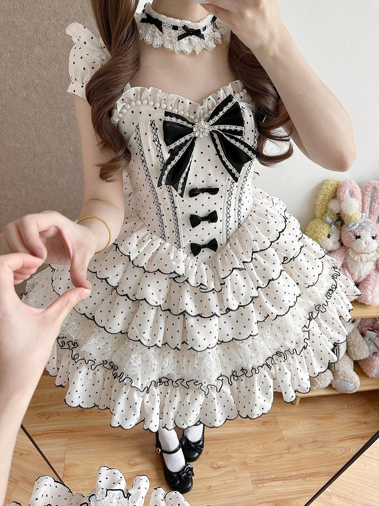 Süßes Lolita-Kleid mit Punkten, vielseitigem OP/JSK-Design und gestuftem Saum, Weiß