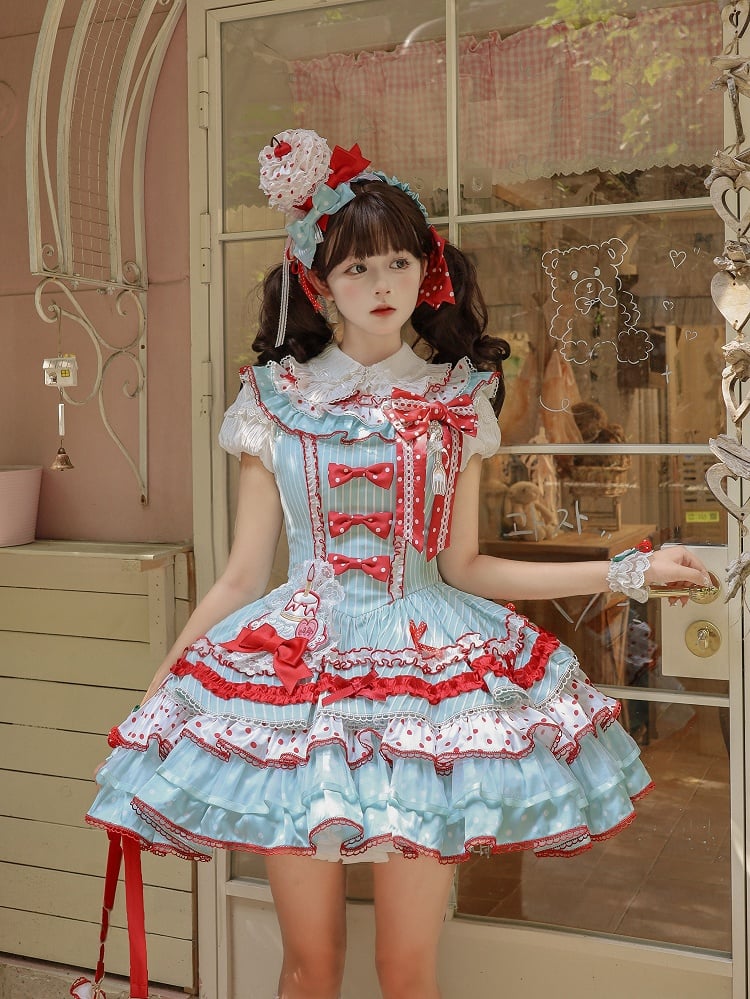 Red and Skirt Green Sweet Polka with Accents Bow Tiered Dots Stripes Dress Lolita