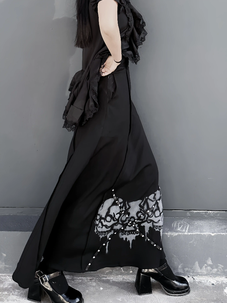 Waist Gothic Black High Skirt Skeleton Print Back Slit Studded