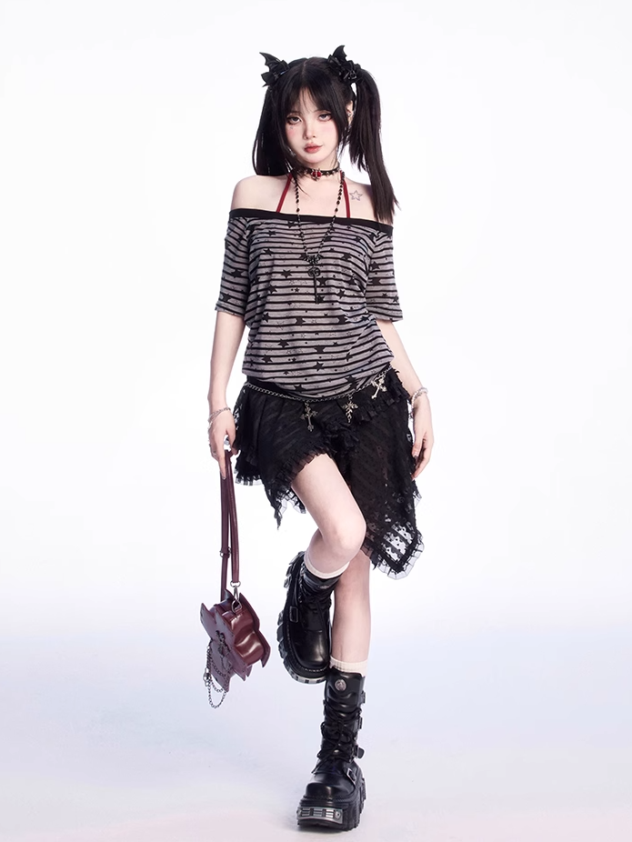Print Gestreiftes T-Shirt Grau Asymmetrischer Ausschnitt Allover Star