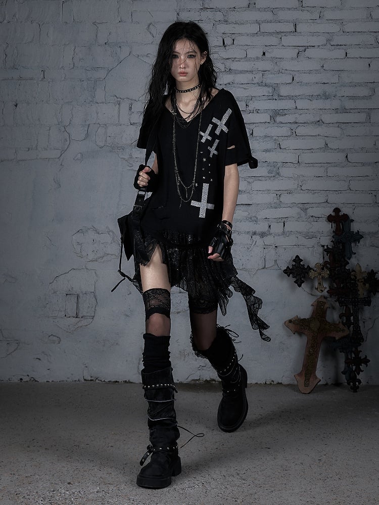 Rock Lace Detailing Graphic Distressed with Punk Handkerchief Hem Black T-shirt Cross