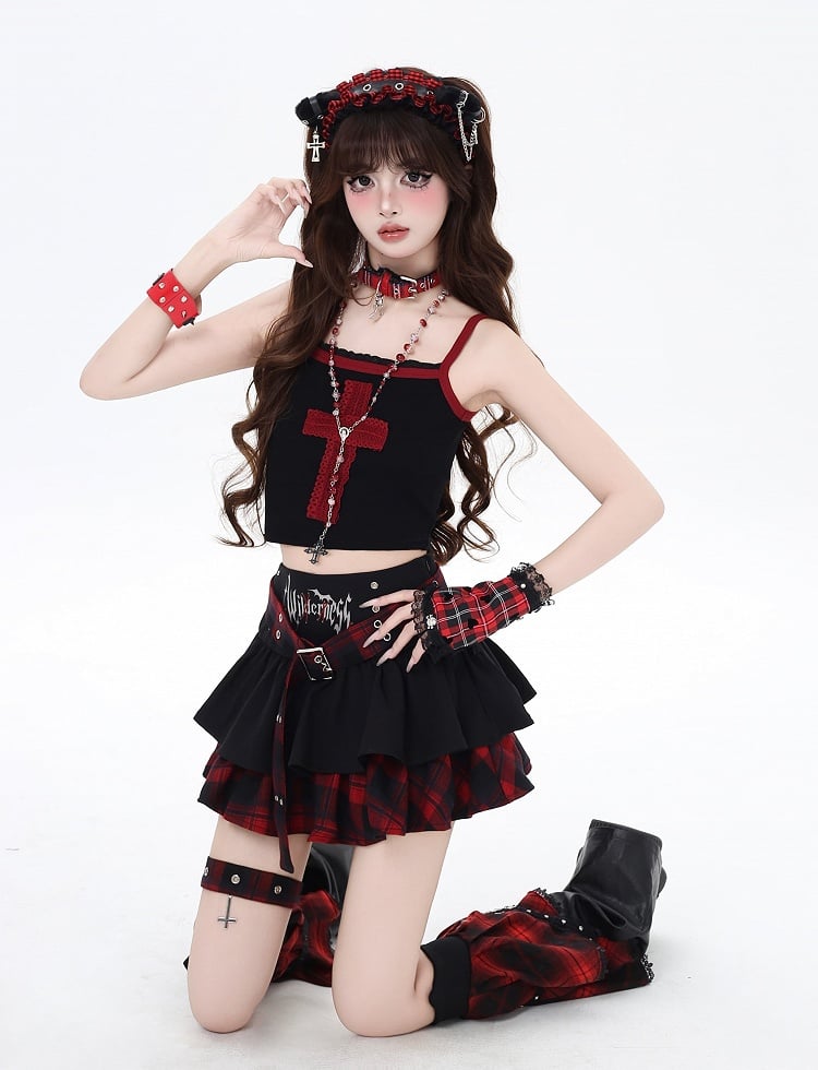 Lined Tiered Skirt with Cross Garter Red Plaid Buckle and Y2K Black Design Belt