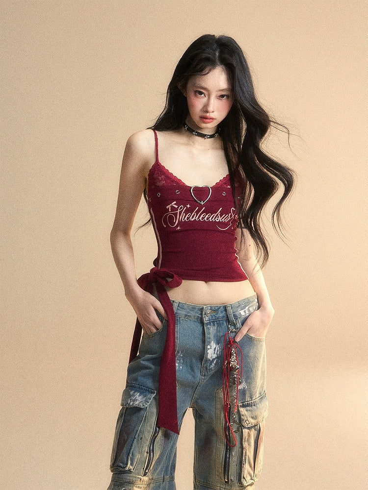 Side Cami Wine Red V-Neck Glamorous Cropped Top with Big Bow at