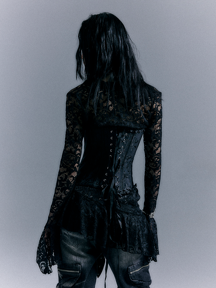 Floral Embroidered Corset with Lace Trim Punk Black