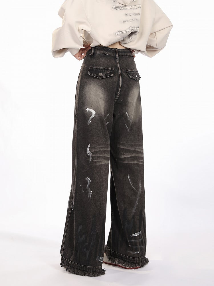 Black Closure Lines Visible Zipper Tie-Dye Graffiti Wide-Leg Jeans with Flowing