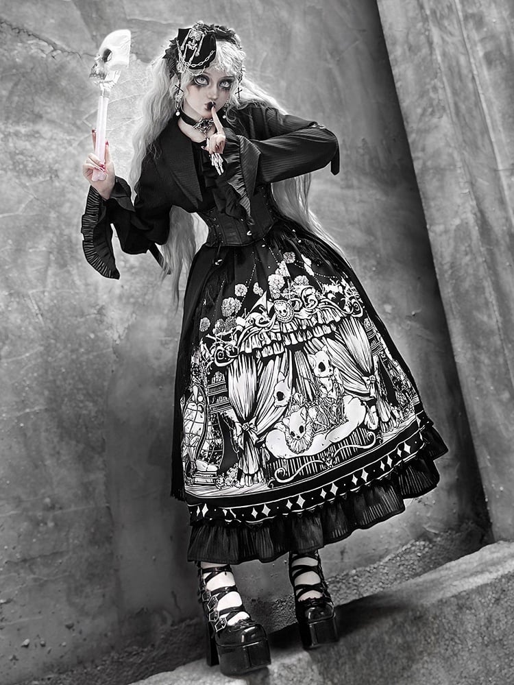 Sizes Cat Dark Plus Skeleton Black Lolita Available Skirt Print Gothic