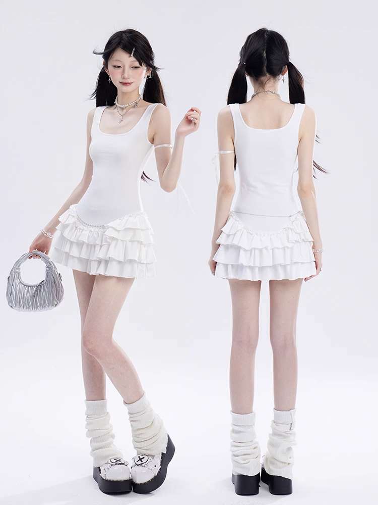 Mini Sleeveless Dress White Balletcore Basque Waist Tiered Skirt
