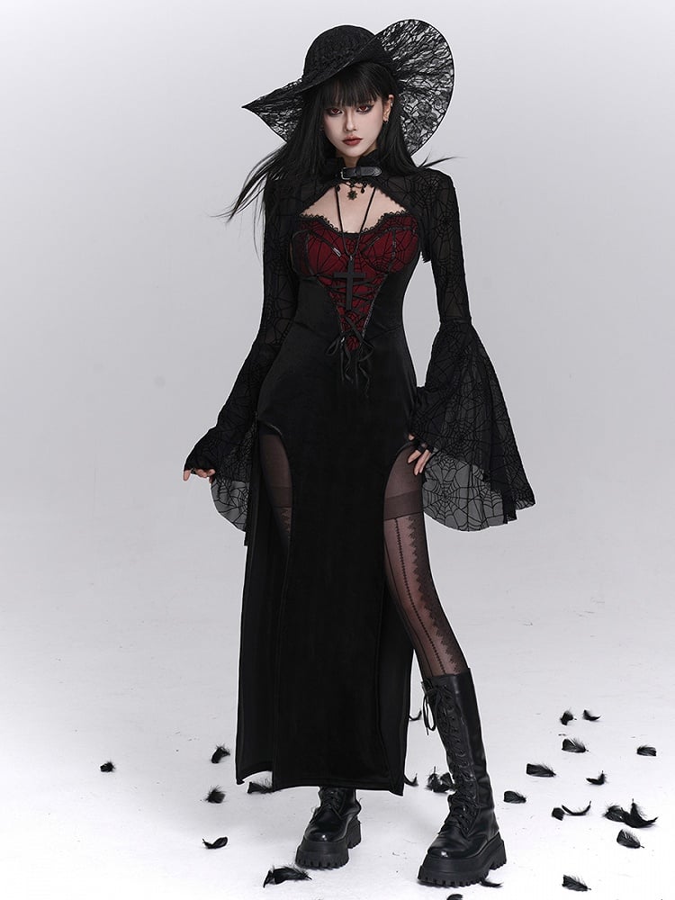 Spiderweb Cross-Lace Dress Thigh Red Slits Halloween Gothic Slip Print with Black Detail