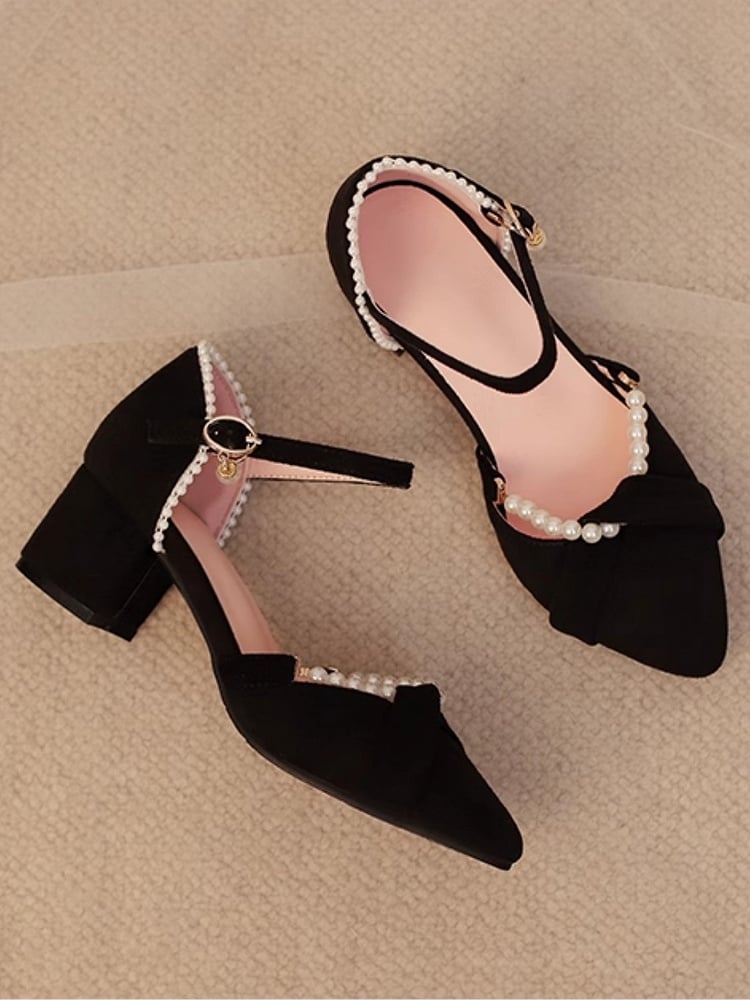 Dekor-Kettenschuhe, kompliziertes Qi, spitz zulaufend, mit schwarzer Spitze – Absatz, mittelhoher Absatz, Perlensandalen, Lolita, abnehmbare Rückseite, Wildleder