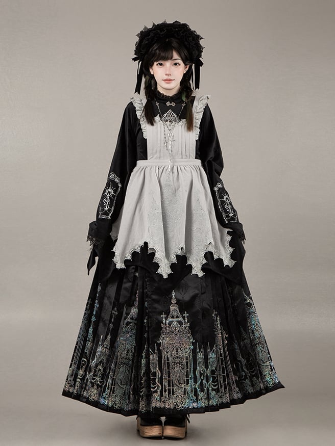 Gothic Necklace Black Top Han Lolita Skirt Bonnet Long Apron Horse-face - Set +