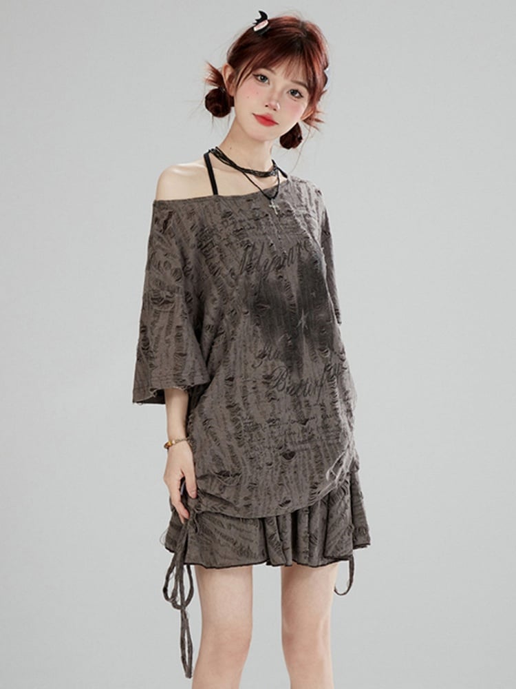 Elastic Y2K Punk Skirt Mini Tiered Waist with Wasteland Gray