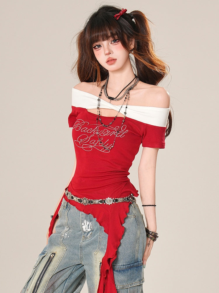 Off-the-shoulder Neckline Bittersweet T-shirt Glamorous Red/Black