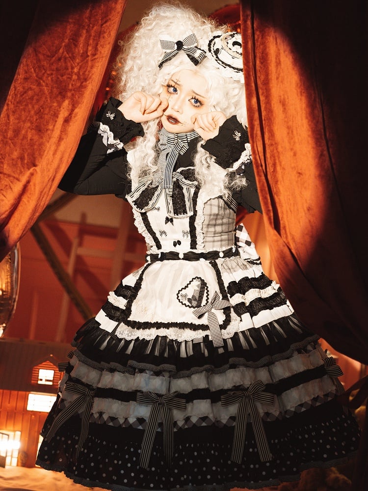 Lolita Tiered Oreo Set JSK Full Accents White Cake Bow Skirt Sweet Black and