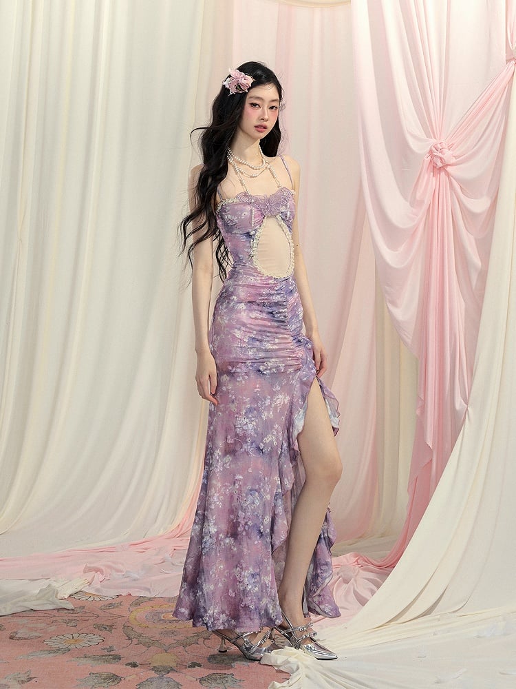 Side Slit Oil Painting Slip Dress Cascading Ruffle Accents Lavender Cutout Detail