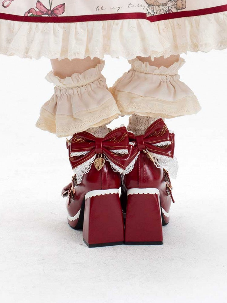 at Crisscross Design Red Block High Detachable Heels Heart Top Bow Buckles