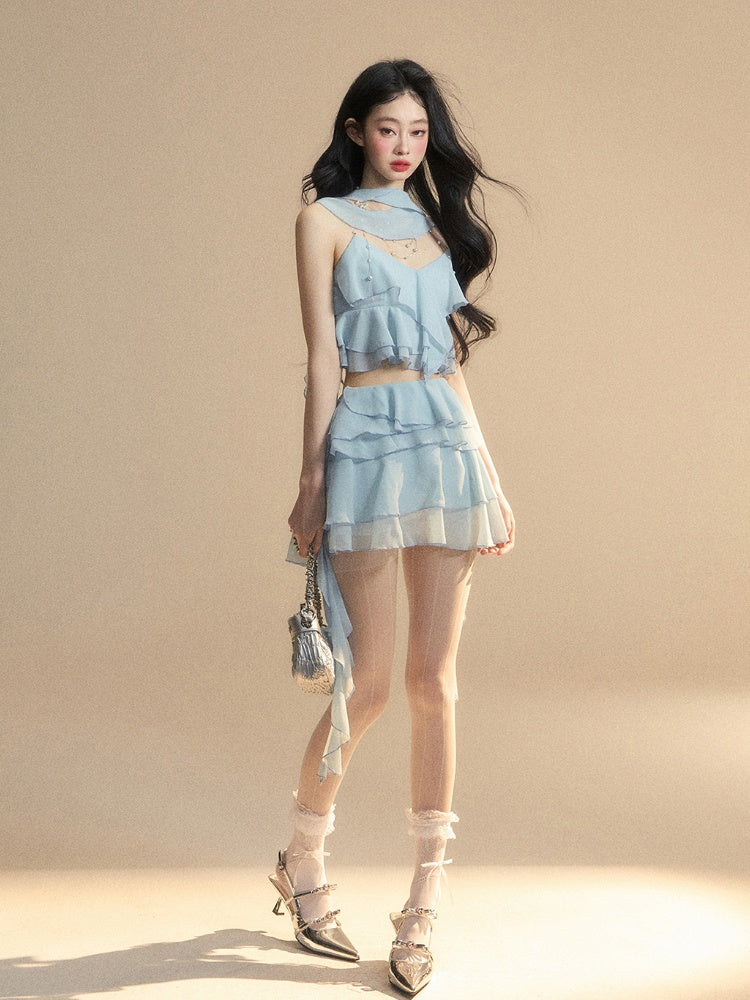Tiered Ruffles Cropped Cami Top Scarf Free Blue Chiffon V-Neck with