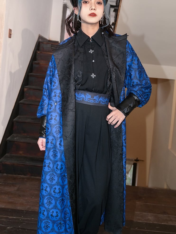Cheongsam Style Long Coat Print and Blue Coral Black Jacquard Seahorses Reversible