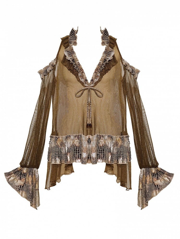 Top Cutout Shoulder Dark Punk Wasteland Sleeves Semi-sheer Design Long V-neck Brown