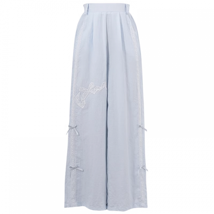 Version Regular/Short Blue Wide-Leg Pants Bowknot Embroidery High Waist