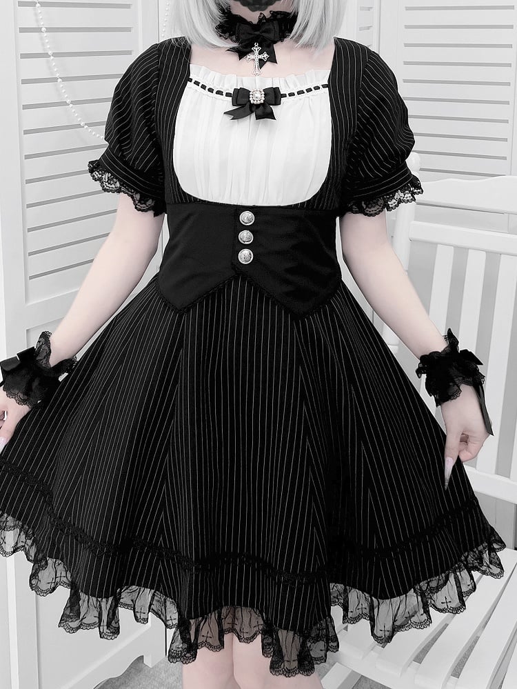Kleid Schwarz Voll Gestreiften Taille Jirai Kei Set Korsett Gürtel Design bei mit