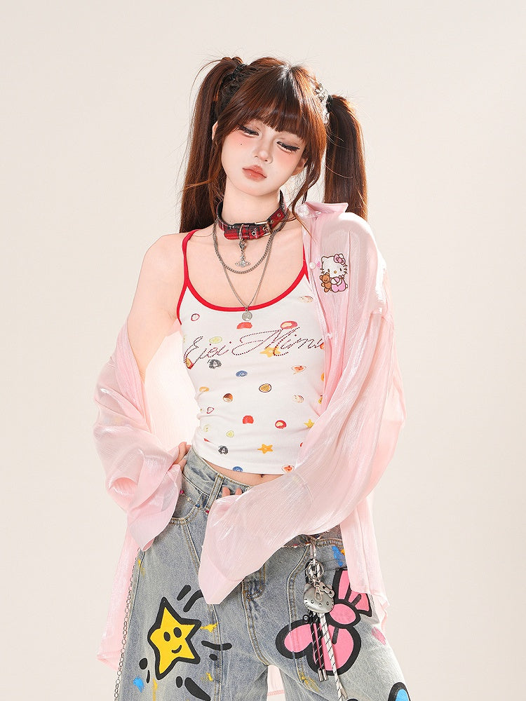Sonnenschutz-Shirt mit Herzmotiv in Rosa/Aprikose und Rüschenschleife auf der Rückseite