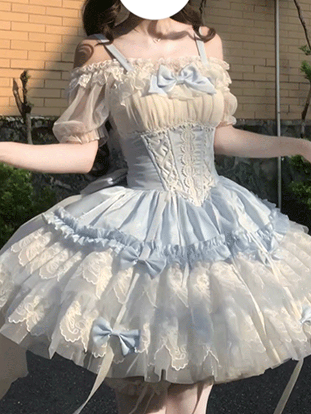 Mehrlagiger großer Balletcore-Schnürrock mit entbeinter Taille, süßer Lolita-Pullover, Schleppe, Schleifenrock, blau-weiß mit Saumspitze und