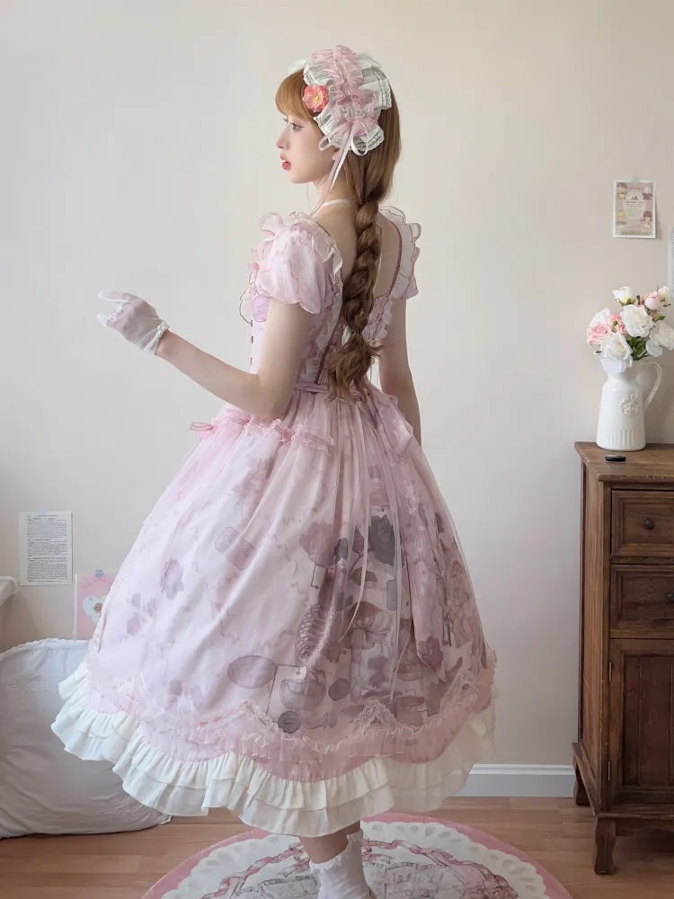 Waist Scalloped Pink Trim Bunny Edge Princess Dress Skirt Lolita Print Ruffle Basque