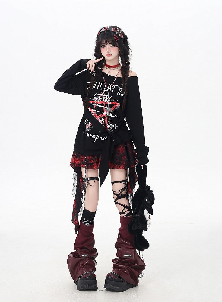 Top Schwarz Asymmetrischer Ausschnitt Star Graffiti Print Lose