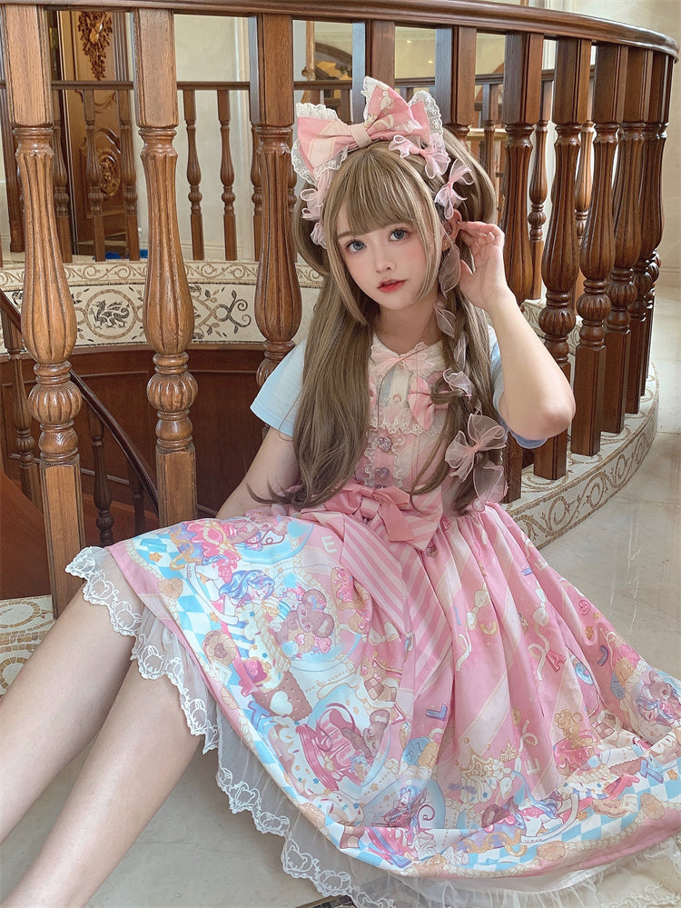 Ears Bow Pink Big Neckline JSK Sweet Lolita Dress Adorable Mouse Print Mouse Design