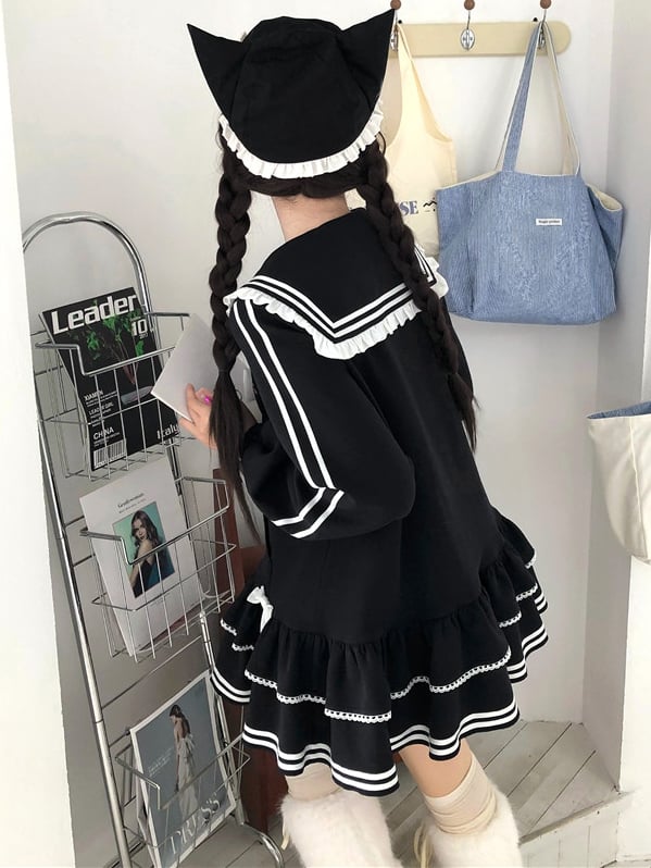 Embroidery Zip Kitty Jirai Kei Collar Dress Black Landmine Style Sailor Closure